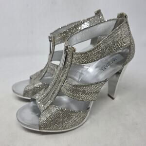 Michael Kors Silver Glitter T-Strap High Heel Sandals Womens Size 7